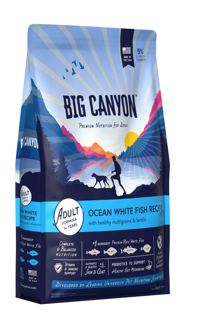 Big Canyon Adult Ocean White Fish dog food 18 lb bag, front