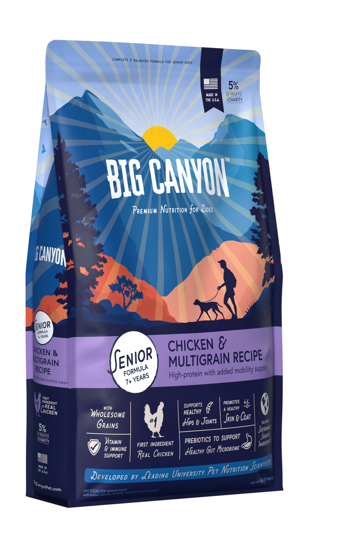 Big Canyon Senior Chicken & Multigrain dog food 18 lb bag, front
