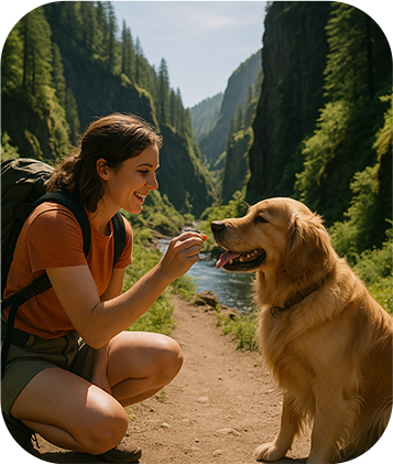 Woman with a dog on a hiking trail in a mountainous area